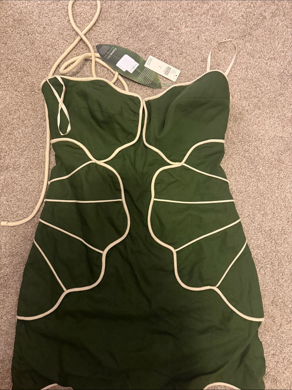 NWT FARM Rio Anthropologie Green Wavy Linen Halter Mini Dress L originally $298